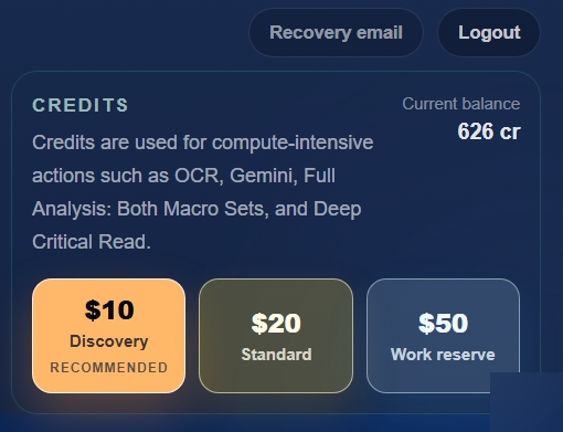Credits section: current balance and credit packs for OCR, Gemini, and GPT calls