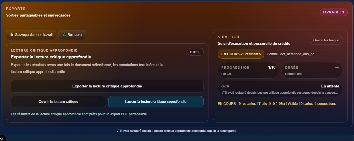La Lecture critique approfondie montre les résultats détaillés et prépare l'export PDF