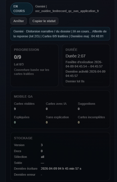 La section Technique tient l'utilisateur au courant de l'état du run à tout moment