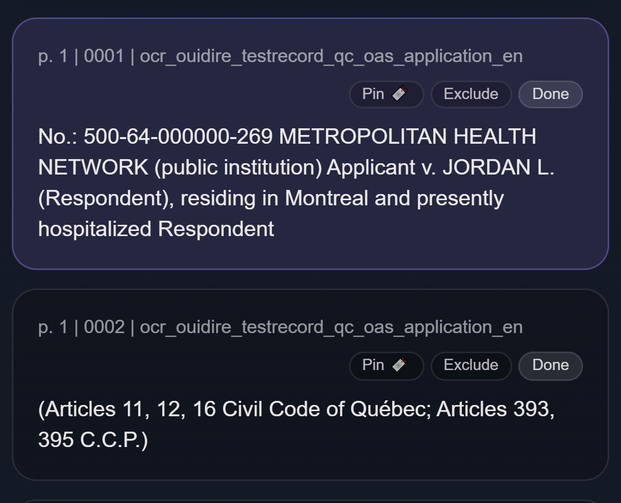 Example of OuiDire testkit cards ready for review after Run OCR