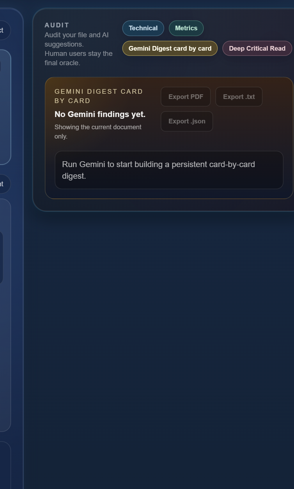 Gemini Digest card by card shows results, gives access to exports, and lets you jump straight back to the current card
