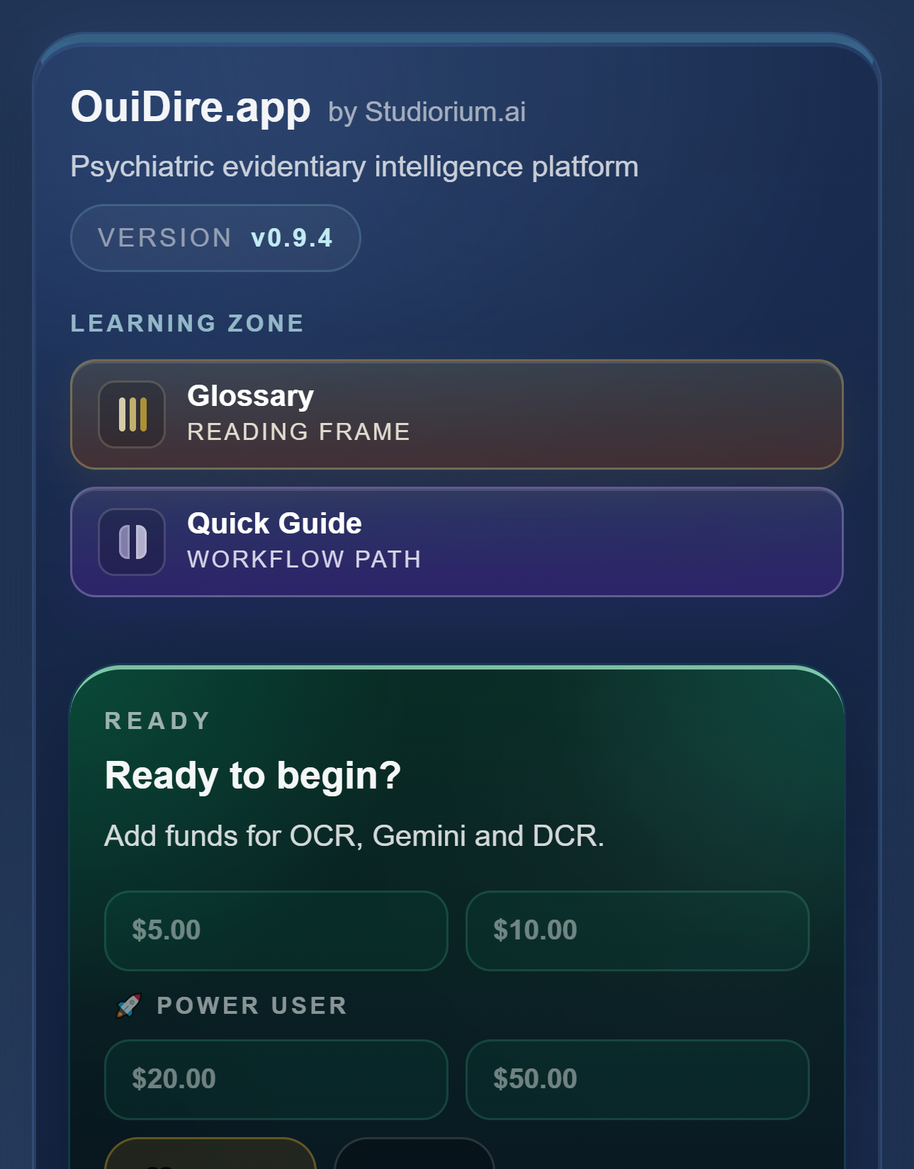 Top mobile view: Learning zone with Glossary and Quick Guide