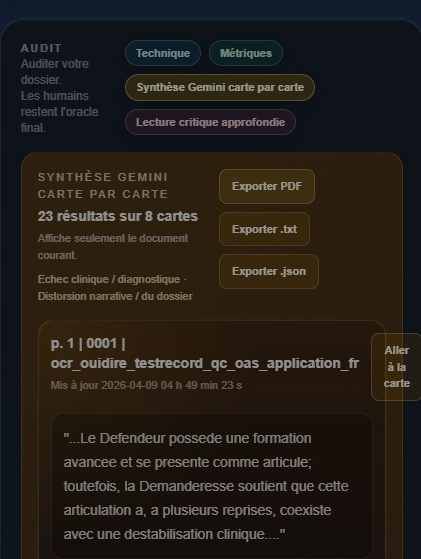 La Synthèse Gemini carte par carte montre les résultats, donne accès aux exports et permet le retour direct à la carte courante