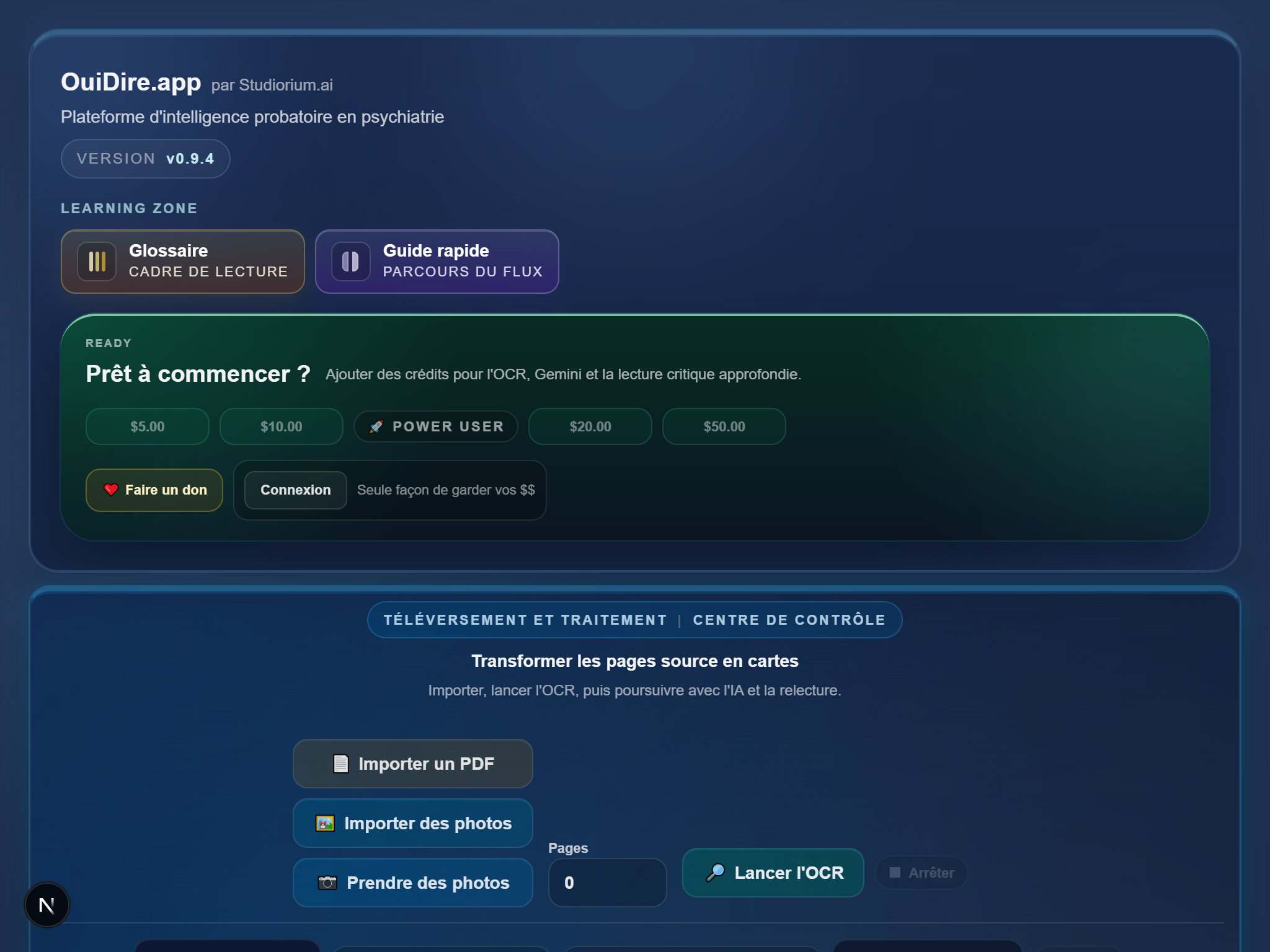 Vue mobile du haut: Learning zone avec Glossaire et Guide rapide