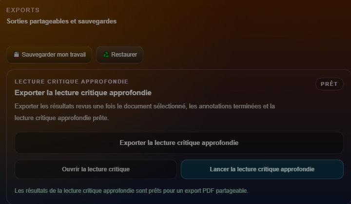 Les boutons Sauvegarder mon travail et Restaurer restent à portée dans la zone Exports