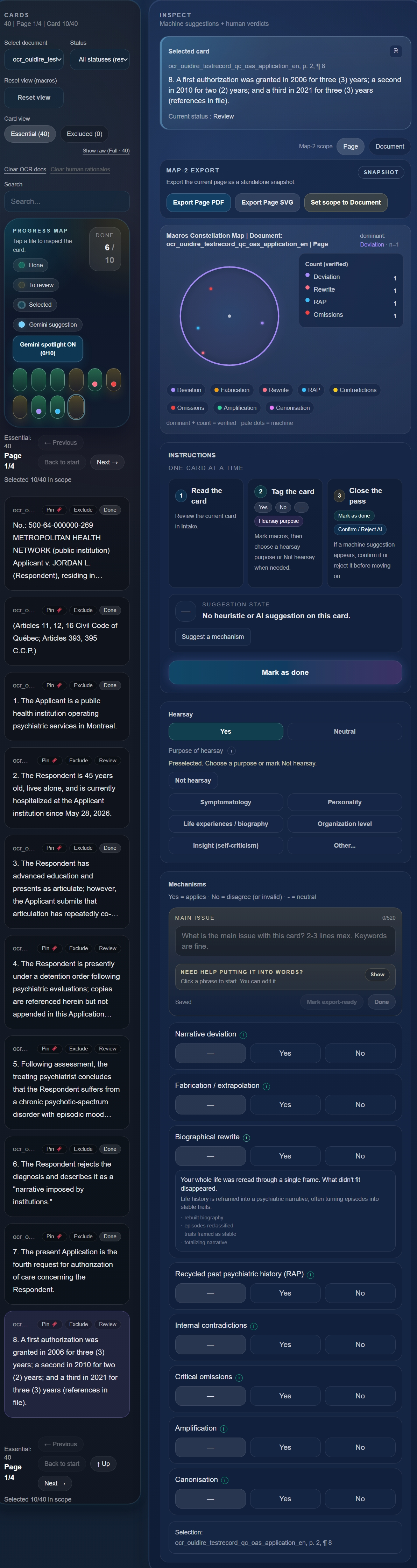 Full card annotation section with the selected card, progress map, instructions, hearsay controls, and macro verdicts