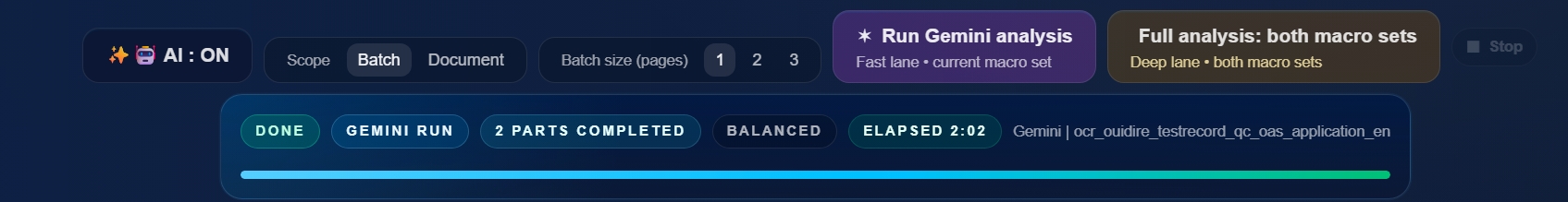 Run Gemini analysis and Full Analysis: Both Macro Sets controls with run progress
